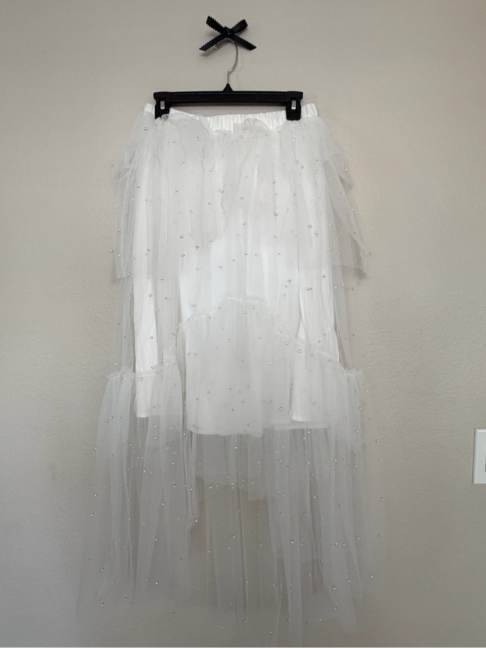 Maeve White Pearl-Studded Asymmetrical Tulle Skirt
